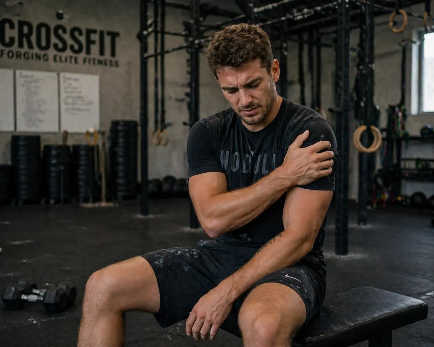CrossFit atleet die schouder revalidatie oefeningen doet onder begeleiding van een sportfysiotherapeut