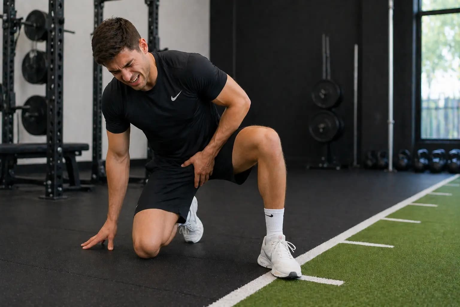 Sportfysiotherapeut die een voetballer begeleidt bij revalidatie van een liesblessure