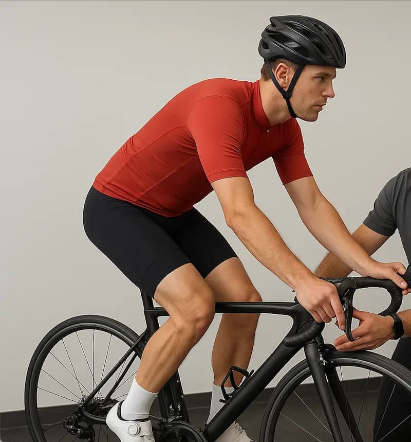 Fysiotherapeut die advies geeft over het afstellen van een racefiets voor een goede zithouding