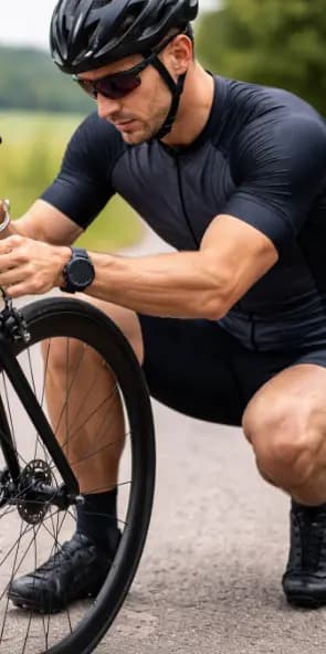 Wielrenner die zijn eigen fiets afstelt