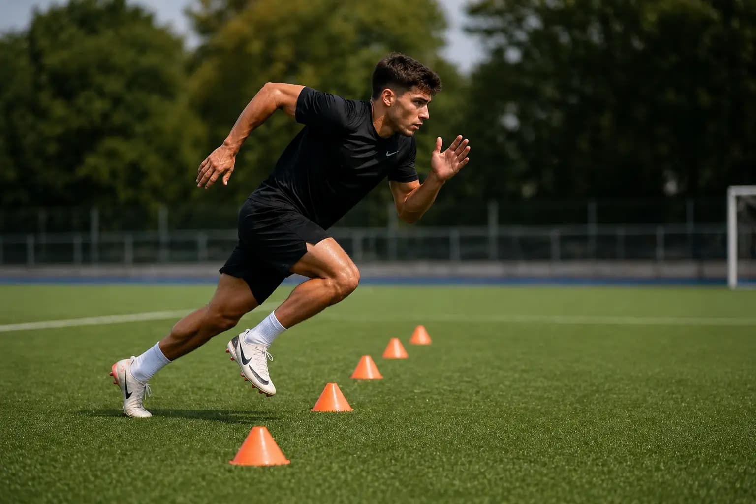 Sporter die acceleratie en deceleratie drills uitvoert onder begeleiding van een sportfysiotherapeut