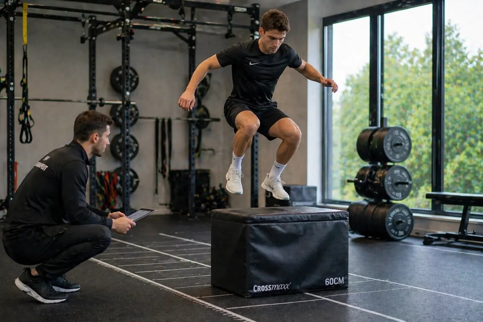 Sporter die plyometrische sprongoefeningen doet als onderdeel van sportrevalidatie