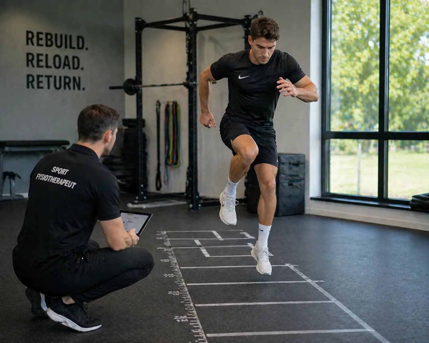 Sportfysiotherapeut die return to play testen uitvoert met hop-testen bij een sporter