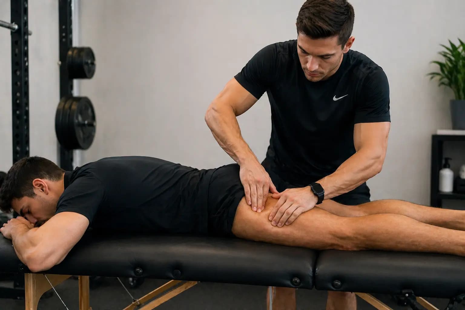 Sportfysiotherapeut die active release technieken toepast bij een sporter met een spierblessure